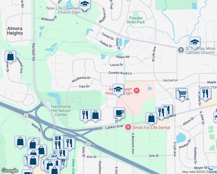 map of restaurants, bars, coffee shops, grocery stores, and more near 2175 Vernon Drive in Elgin