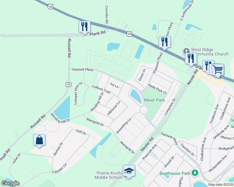 map of restaurants, bars, coffee shops, grocery stores, and more near 163 Freesia Lane in Elgin