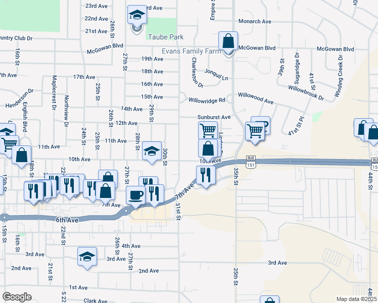 map of restaurants, bars, coffee shops, grocery stores, and more near 3101-3299 10th Ave in Marion
