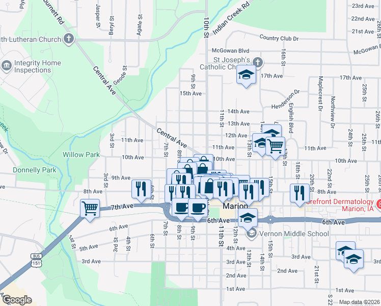map of restaurants, bars, coffee shops, grocery stores, and more near 998 9th Street in Marion