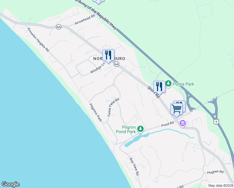 map of restaurants, bars, coffee shops, grocery stores, and more near 18 Pond Village Avenue in Provincetown