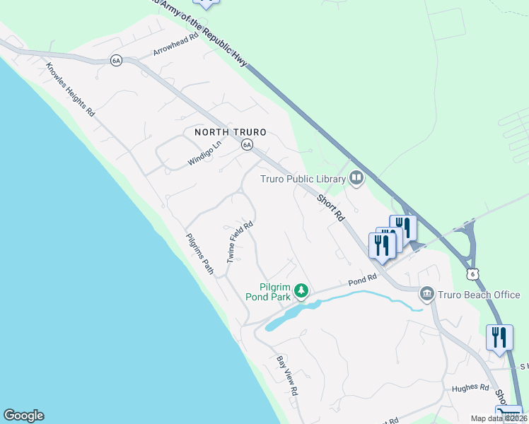 map of restaurants, bars, coffee shops, grocery stores, and more near 25 Twine Field Road in Provincetown