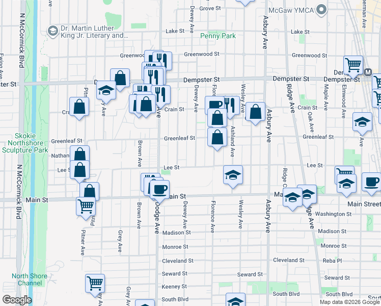 map of restaurants, bars, coffee shops, grocery stores, and more near 1005 Dewey Avenue in Evanston