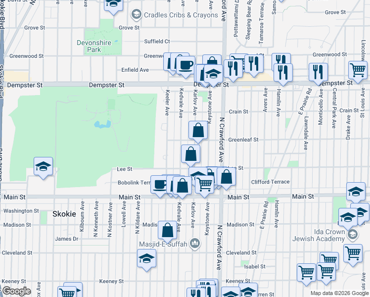 map of restaurants, bars, coffee shops, grocery stores, and more near 8522 Karlov Avenue in Skokie
