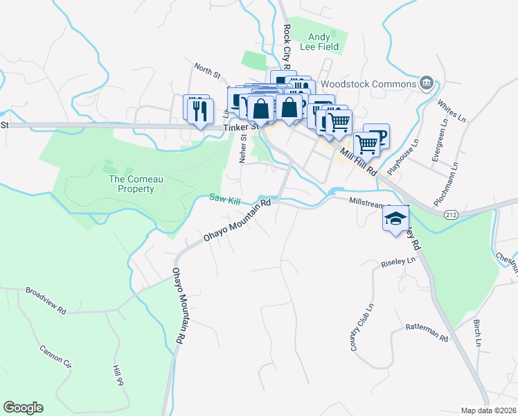 map of restaurants, bars, coffee shops, grocery stores, and more near 19 Ohayo Mountain Road in Woodstock
