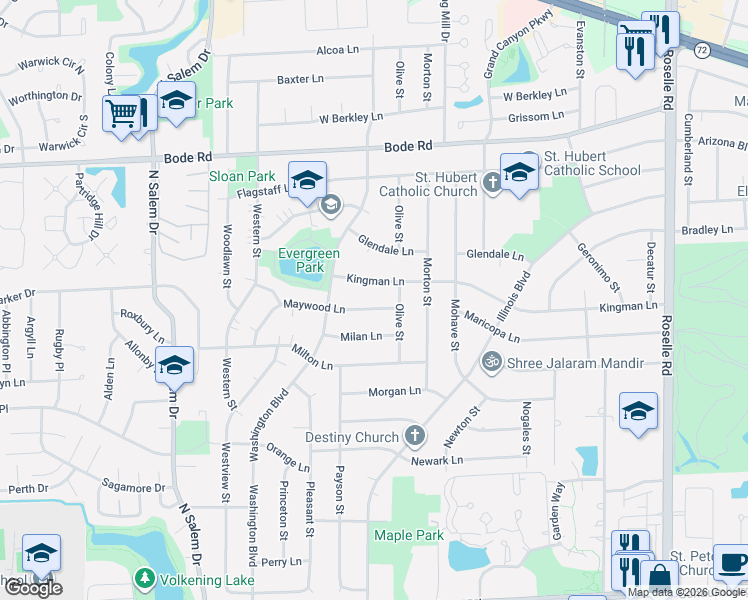 map of restaurants, bars, coffee shops, grocery stores, and more near 515 Maywood Lane in Hoffman Estates