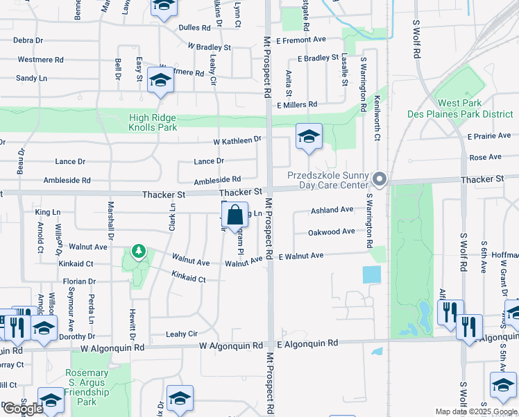 map of restaurants, bars, coffee shops, grocery stores, and more near 23 King Lane in Des Plaines