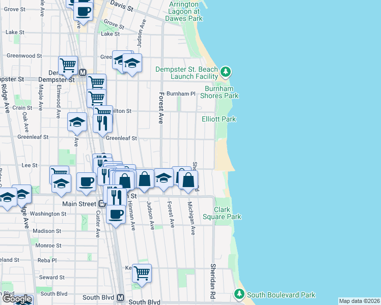 map of restaurants, bars, coffee shops, grocery stores, and more near 1011 Sheridan Road in Evanston