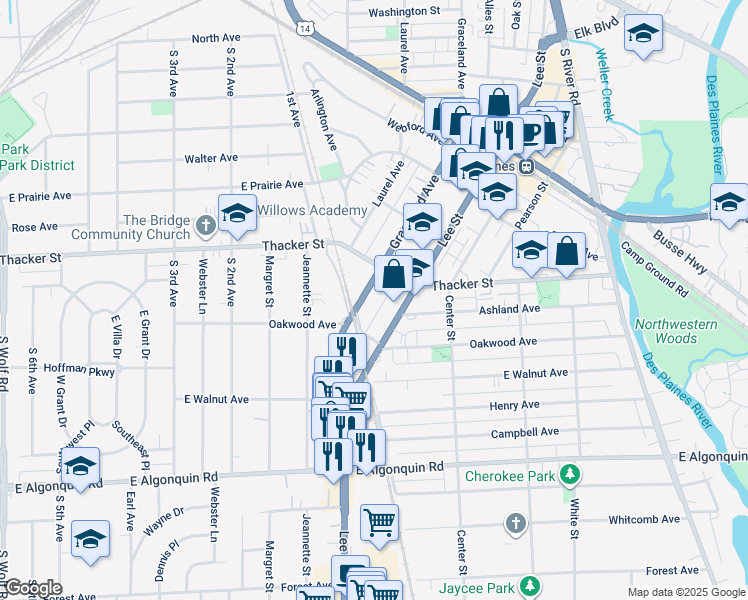map of restaurants, bars, coffee shops, grocery stores, and more near 946 Lee Street in Des Plaines