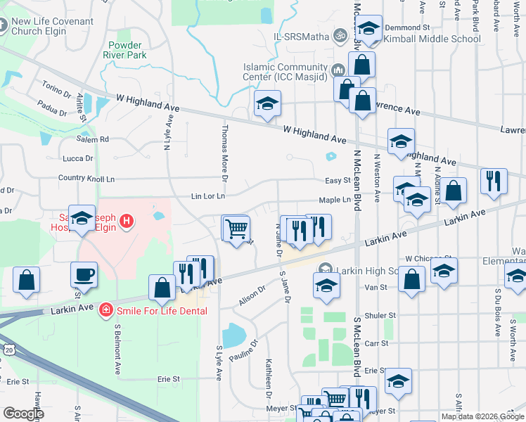 map of restaurants, bars, coffee shops, grocery stores, and more near 1635 Maple Lane in Elgin