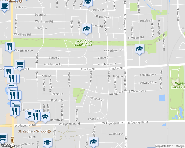 map of restaurants, bars, coffee shops, grocery stores, and more near 837 Clark Lane in Des Plaines