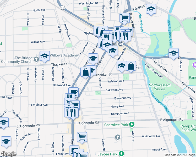 map of restaurants, bars, coffee shops, grocery stores, and more near 1405 Ashland Avenue in Des Plaines
