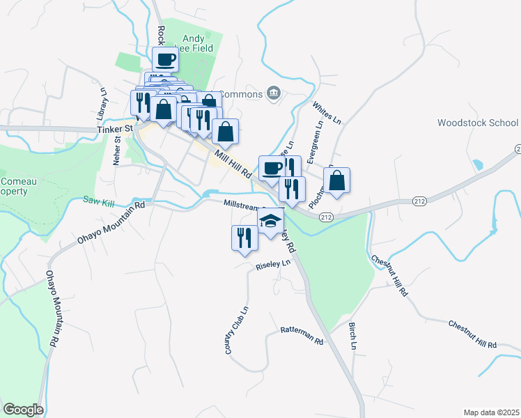 map of restaurants, bars, coffee shops, grocery stores, and more near 7 Millstream Road in Woodstock