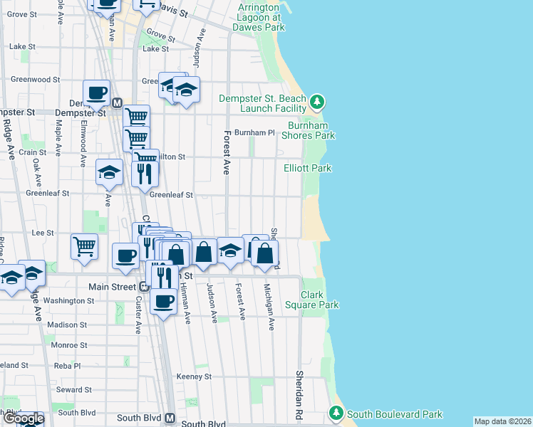 map of restaurants, bars, coffee shops, grocery stores, and more near 1011 Sheridan Road in Evanston
