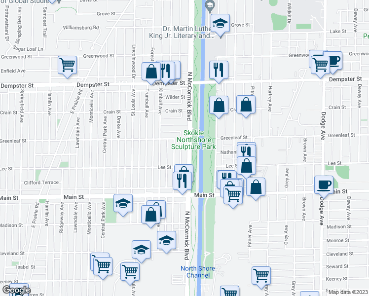 map of restaurants, bars, coffee shops, grocery stores, and more near 8518 North McCormick Boulevard in Skokie