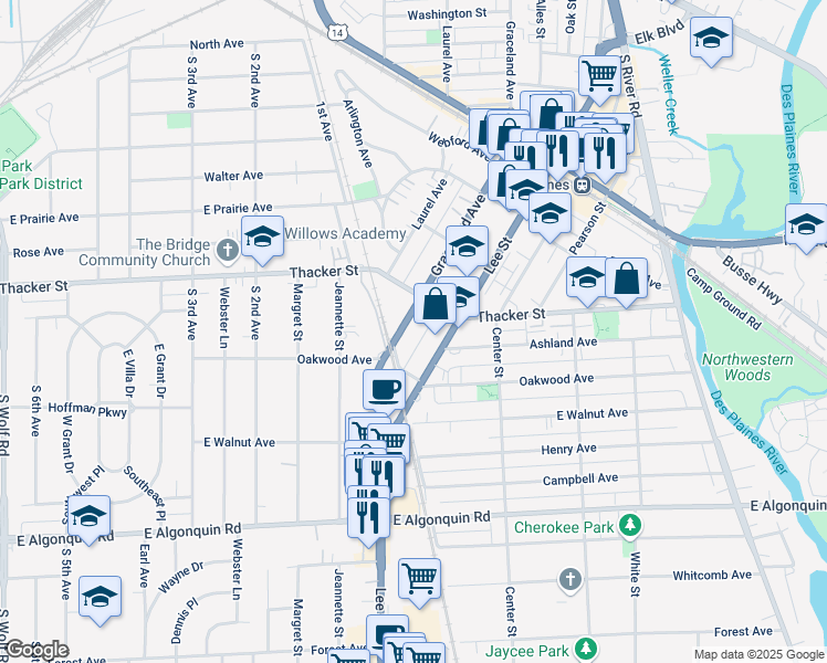map of restaurants, bars, coffee shops, grocery stores, and more near 946 Lee Street in Des Plaines