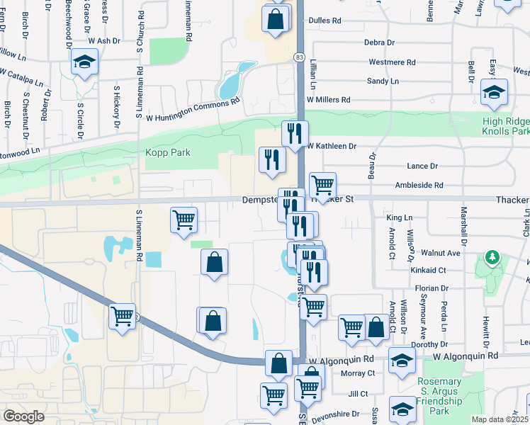 map of restaurants, bars, coffee shops, grocery stores, and more near 343 Hawthorne Circle in Mount Prospect