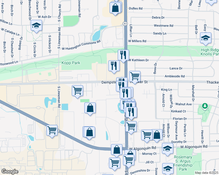 map of restaurants, bars, coffee shops, grocery stores, and more near 343 Hawthorne Circle in Mount Prospect