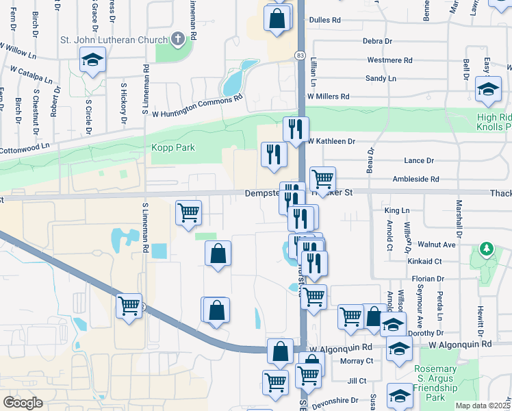 map of restaurants, bars, coffee shops, grocery stores, and more near 343 Hawthorne Circle in Mount Prospect