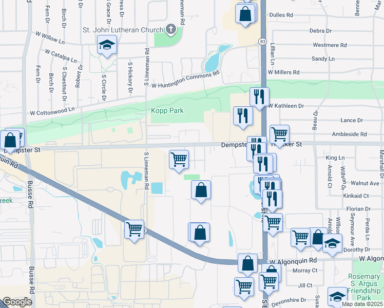 map of restaurants, bars, coffee shops, grocery stores, and more near 557 Dempster Street in Mount Prospect