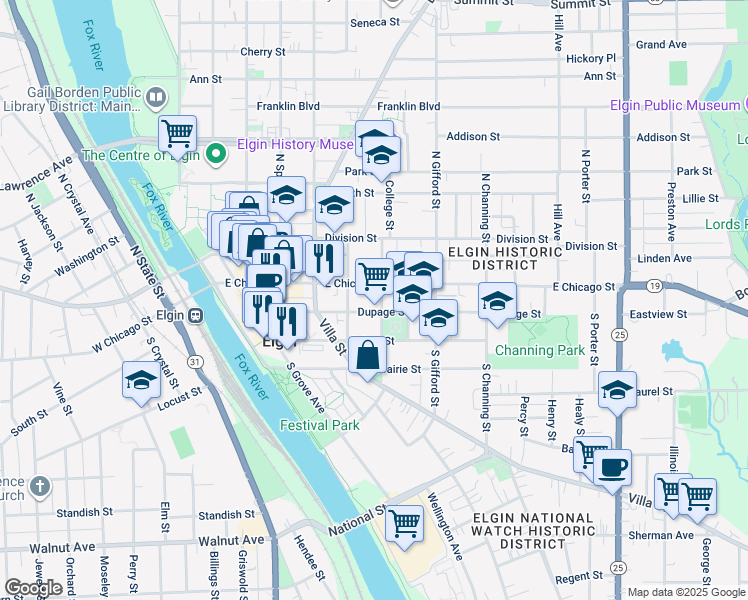 map of restaurants, bars, coffee shops, grocery stores, and more near 60 South Chapel Street in Elgin