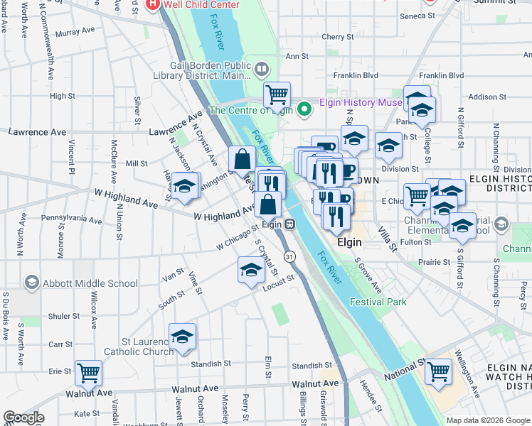map of restaurants, bars, coffee shops, grocery stores, and more near in Elgin