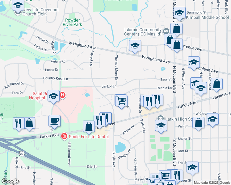 map of restaurants, bars, coffee shops, grocery stores, and more near 1723 Maple Lane in Elgin