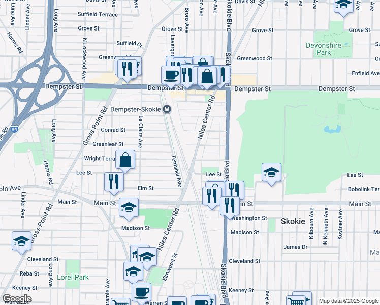 map of restaurants, bars, coffee shops, grocery stores, and more near 8540 Niles Center Road in Skokie