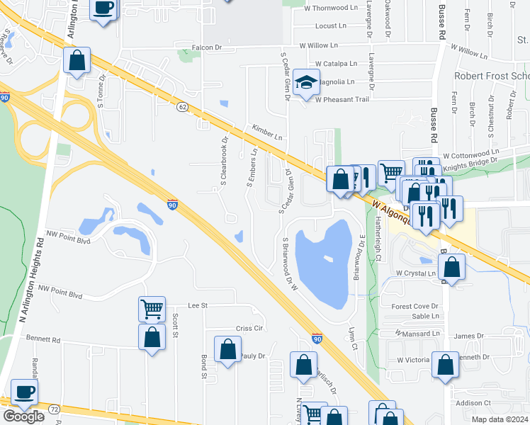 map of restaurants, bars, coffee shops, grocery stores, and more near 2750 South Cedar Glen Drive in Arlington Heights