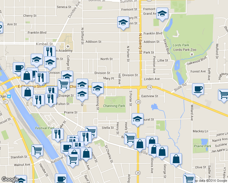 map of restaurants, bars, coffee shops, grocery stores, and more near 12 Rugby Place in Elgin