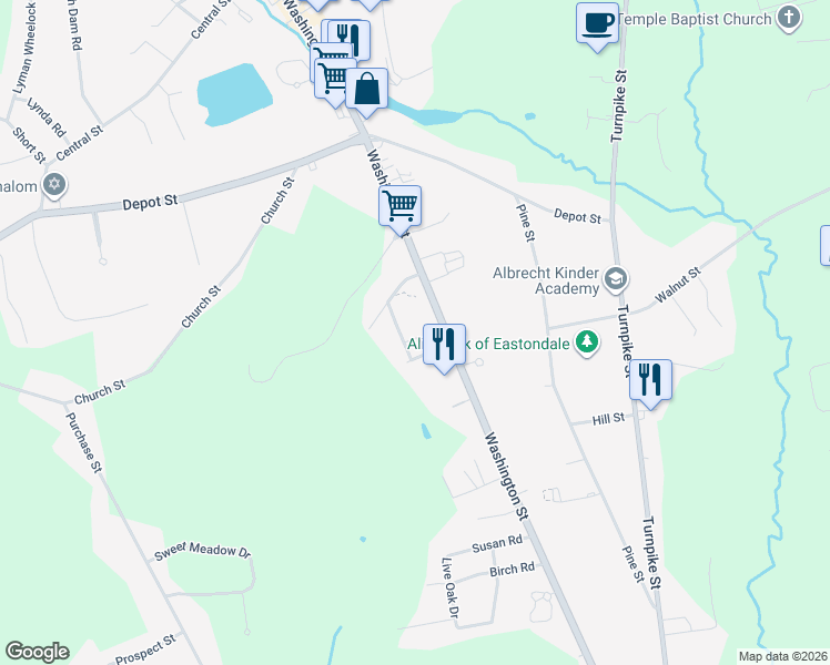 map of restaurants, bars, coffee shops, grocery stores, and more near 11 Nancy Road in Easton