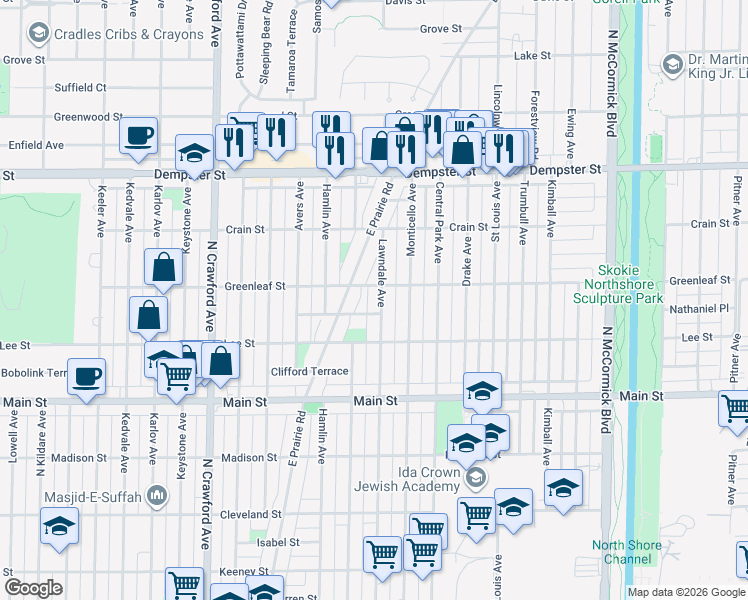 map of restaurants, bars, coffee shops, grocery stores, and more near 3719 Roth Terrace in Skokie