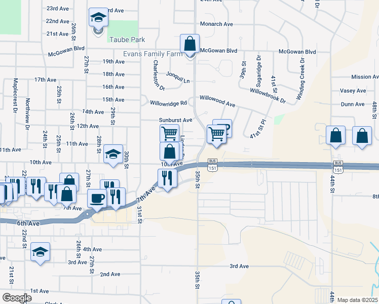 map of restaurants, bars, coffee shops, grocery stores, and more near 1115 Linden Drive in Marion