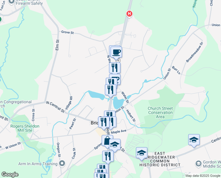 map of restaurants, bars, coffee shops, grocery stores, and more near 135 North Bedford Street in East Bridgewater