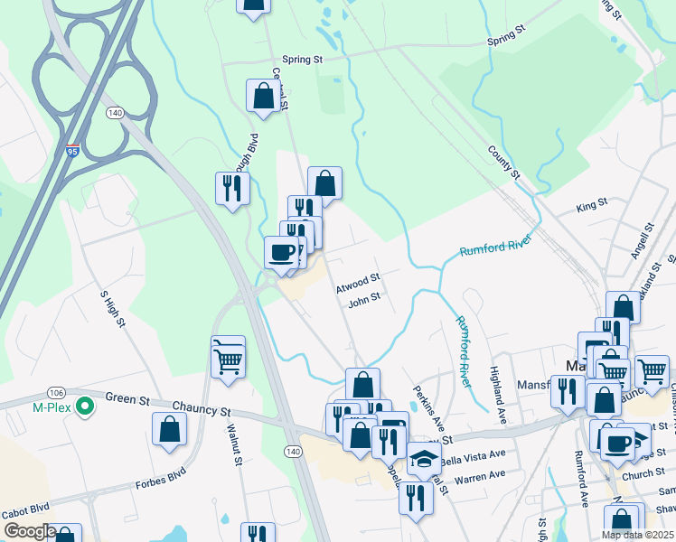map of restaurants, bars, coffee shops, grocery stores, and more near 385 Central Street in Foxborough