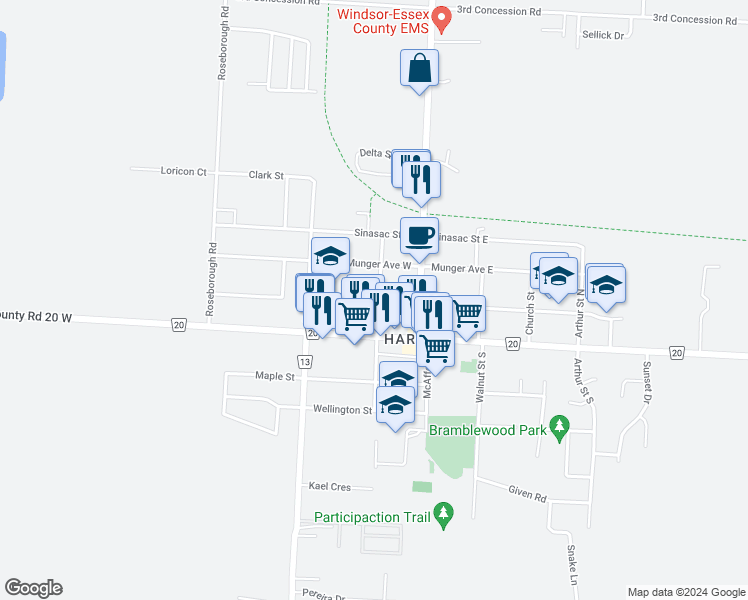 map of restaurants, bars, coffee shops, grocery stores, and more near 131 Victoria Street in Essex