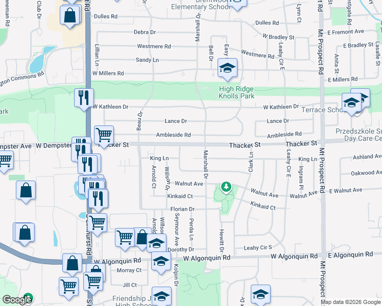 map of restaurants, bars, coffee shops, grocery stores, and more near 413 Ambleside Road in Des Plaines