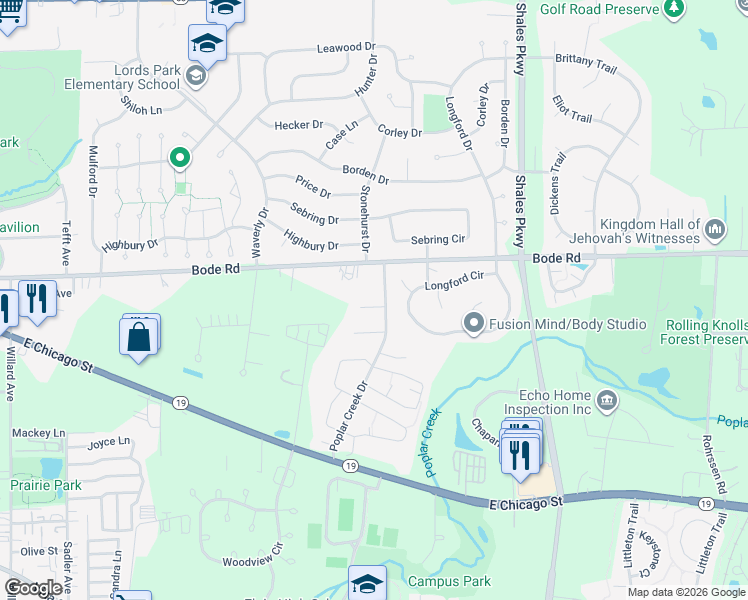 map of restaurants, bars, coffee shops, grocery stores, and more near 94 Poplar Creek Drive in Elgin