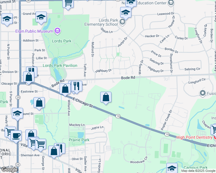 map of restaurants, bars, coffee shops, grocery stores, and more near 971 Bode Road in Elgin