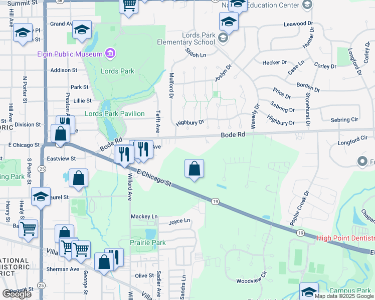 map of restaurants, bars, coffee shops, grocery stores, and more near 905 Bode Road in Elgin