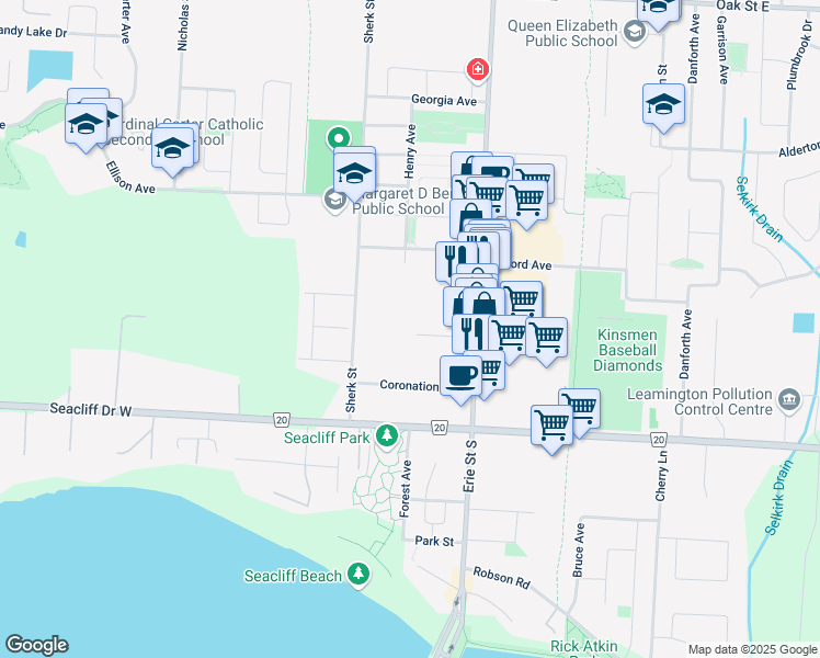 map of restaurants, bars, coffee shops, grocery stores, and more near 25 Parkdale Avenue in Leamington