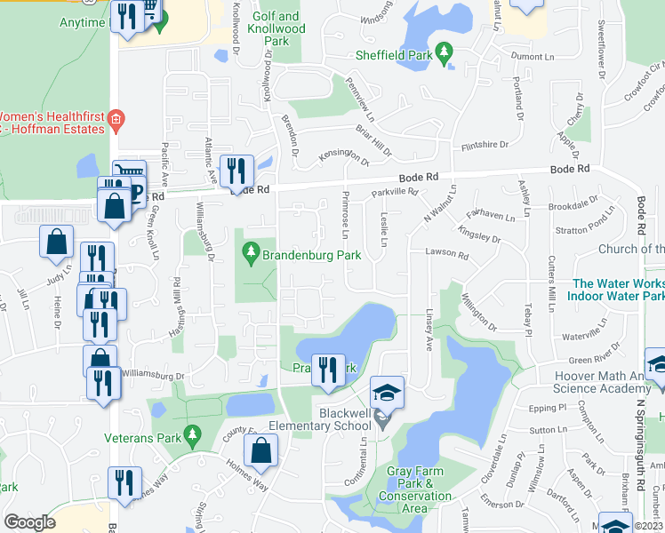 map of restaurants, bars, coffee shops, grocery stores, and more near 613 Shaw Court in Schaumburg