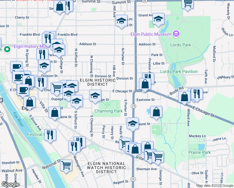 map of restaurants, bars, coffee shops, grocery stores, and more near 517 East Chicago Street in Elgin
