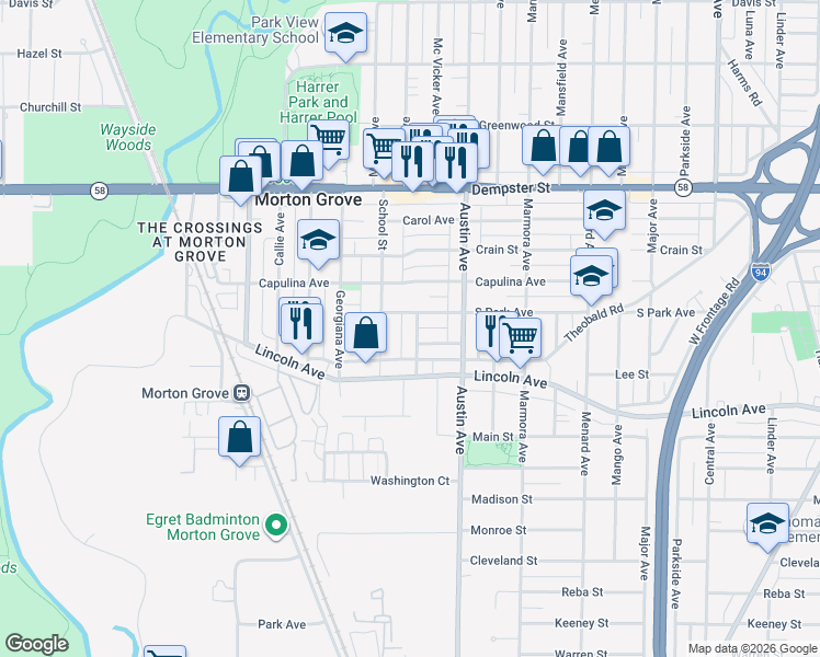 map of restaurants, bars, coffee shops, grocery stores, and more near 6040 South Park Avenue in Morton Grove