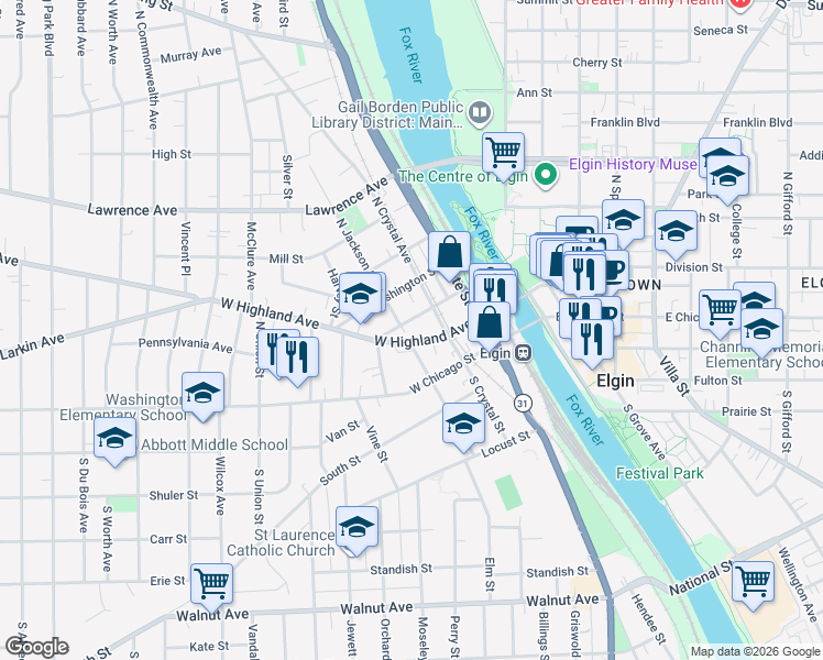 map of restaurants, bars, coffee shops, grocery stores, and more near 330 West Highland Avenue in Elgin