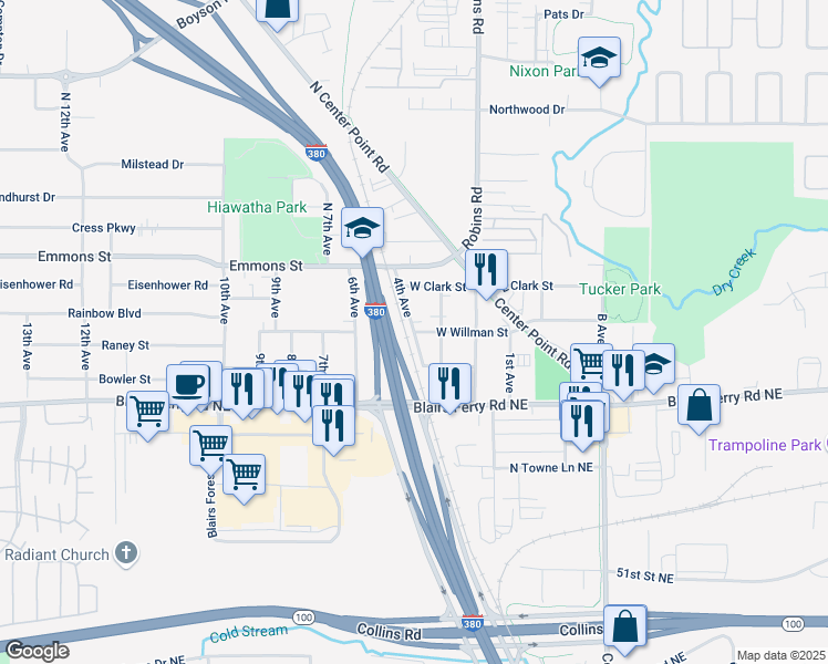 map of restaurants, bars, coffee shops, grocery stores, and more near 200 4th Avenue in Hiawatha