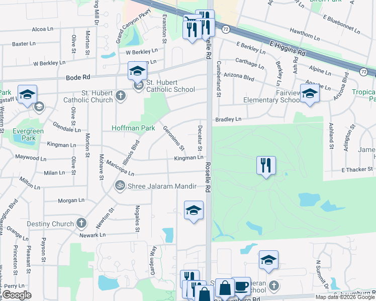 map of restaurants, bars, coffee shops, grocery stores, and more near 80 Douglas Court in Hoffman Estates