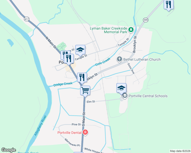map of restaurants, bars, coffee shops, grocery stores, and more near 30 Brooklyn Street in Portville