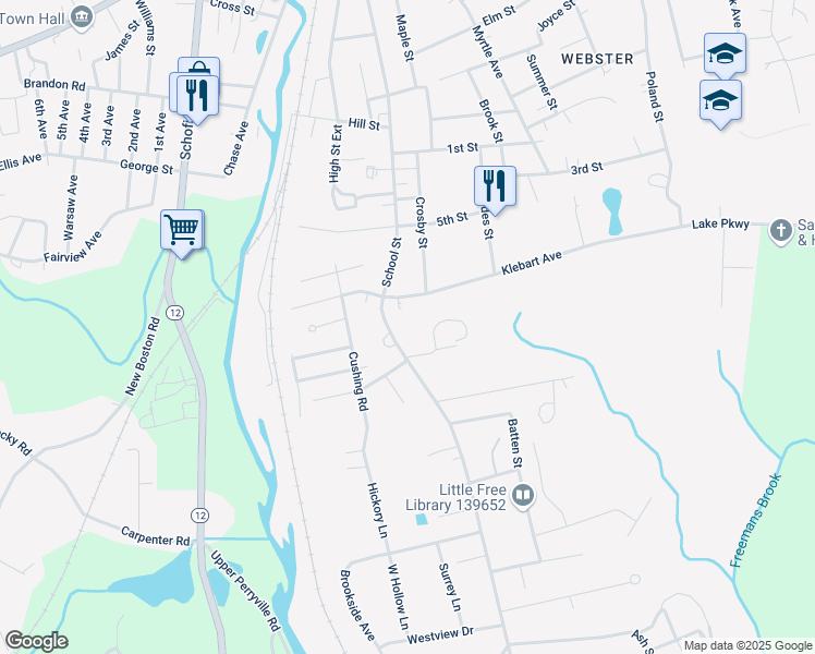 map of restaurants, bars, coffee shops, grocery stores, and more near 2 Klebart Avenue in Webster