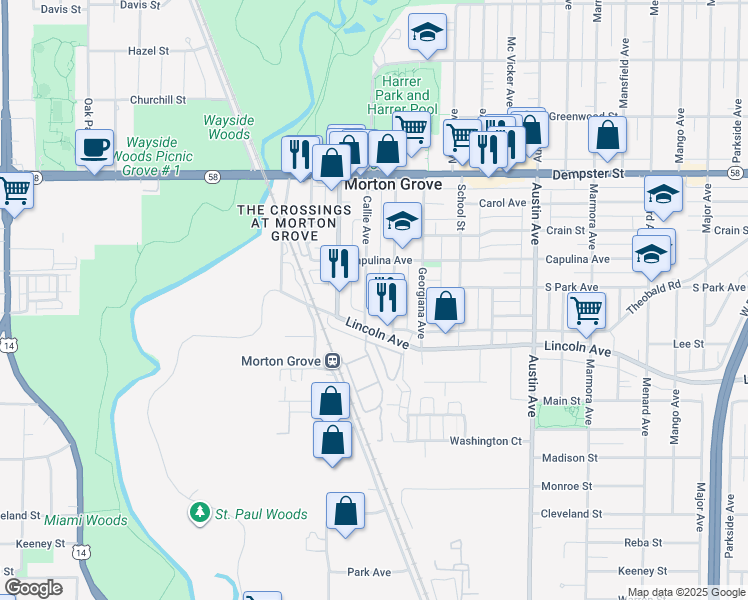 map of restaurants, bars, coffee shops, grocery stores, and more near 8604 Fernald Avenue in Morton Grove